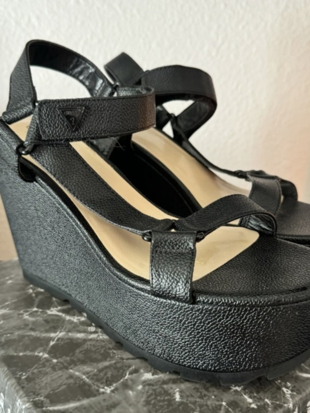 Guess Black Platform Wedge Sandals with Ankle Straps